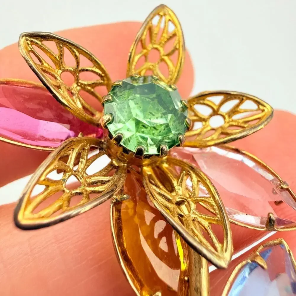Vtg MCM 1960s Flower Stem Prong Set filigree Multi Color Pastel Brooch Gold Tone